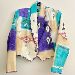 Rhonda Stark cropped Western jacket, single bespoke button, Southwestern pattern